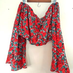 SHEIN Floral Red and Green Long, Flare Sleeve, Off the Shoulder Crop Top 3XL